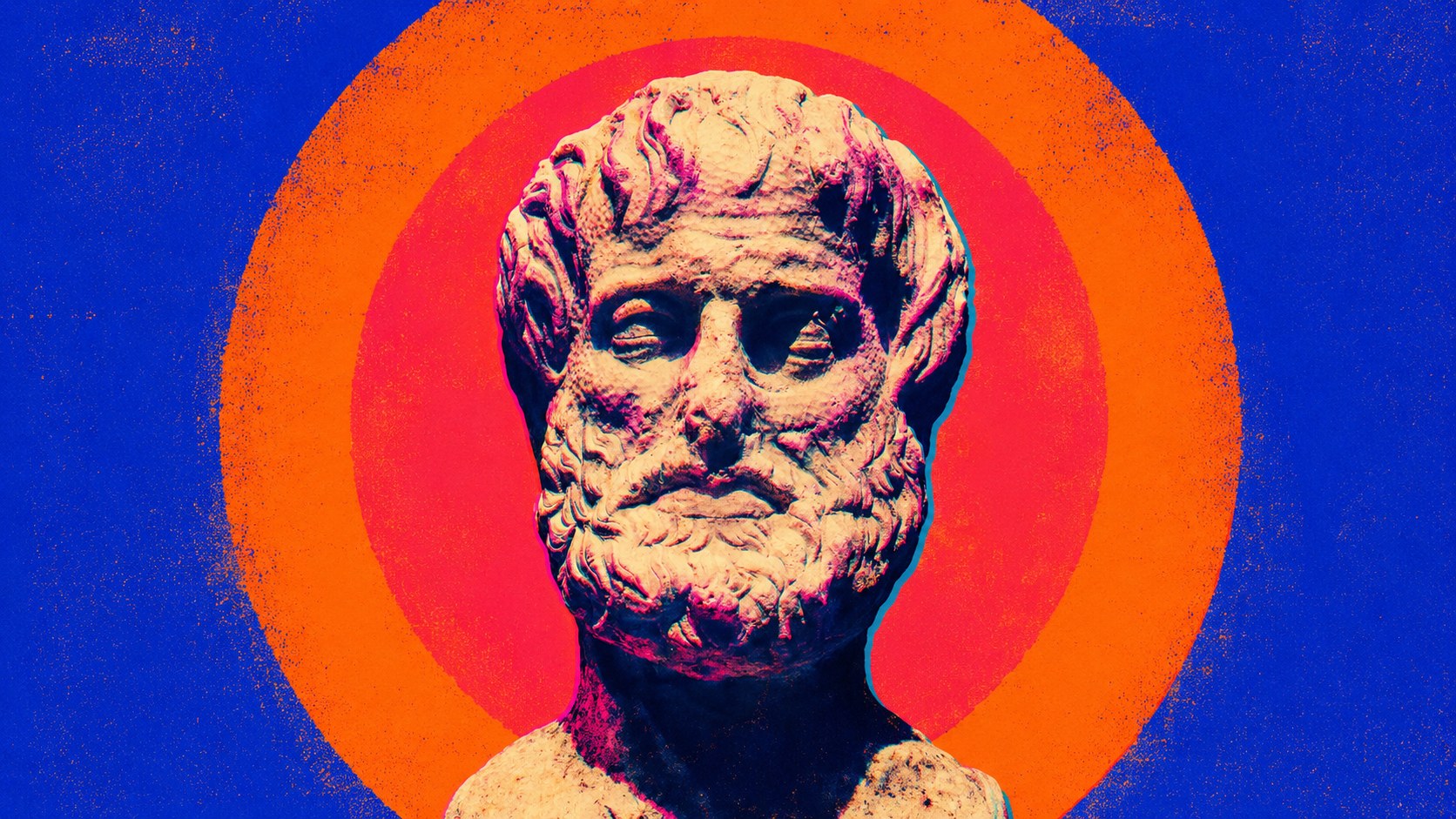 Bust of Aristotle against a blue and orange field